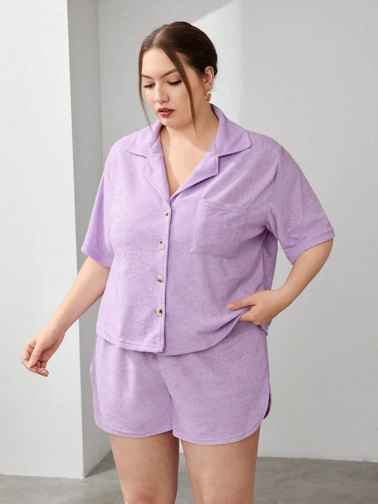 Women's Plus Size Towelling Texture Collared Shirt And Loose Shorts Set, Soft And Comfortable, Purple