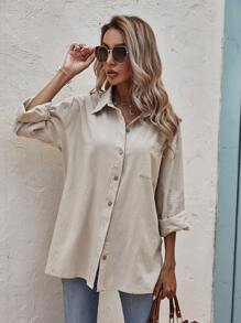 SHEIN Clasi Camisa casual de manga larga y gran tamaño de unicolor - Caqui - Ver 7