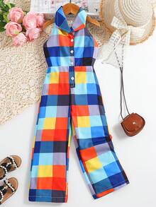 Young Girls' Grid Pattern Front Button Halter Jumpsuit - Multicolor - View 1