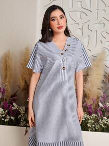 Mulvari Vestido De Murciélago De Manga Corta Con Detalle De Botón Y Estampado De Rayas Para Mujer - Azul - Ver 9