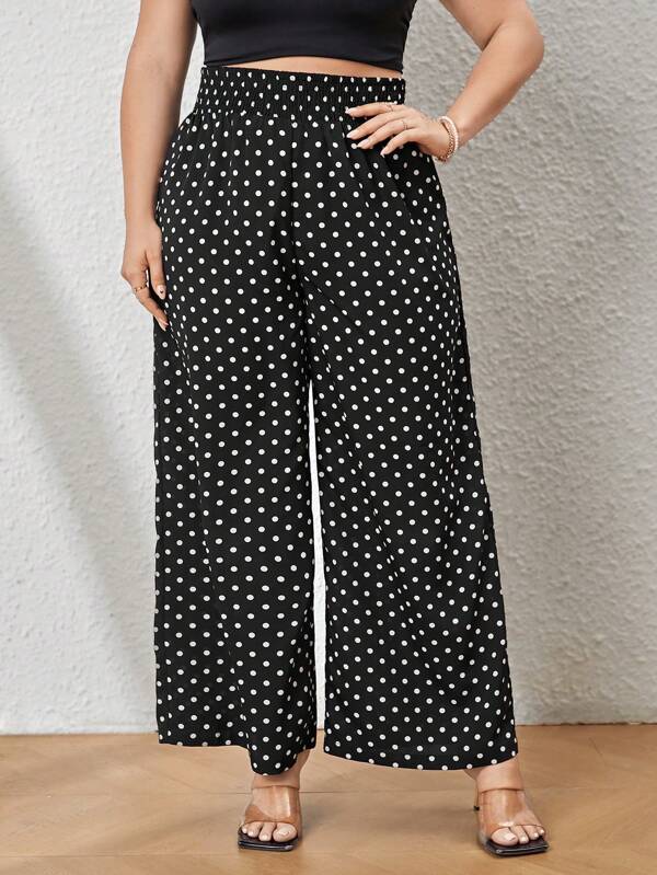 SHEIN Privé Plus Size Summer Elegant Romantic & Simple Polka Dot Straight Pants, Suitable For Daily Wear, Travel, Vacation And Shopping