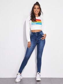 SHEIN Essnce Zipper Fly High Waist Skinny Jeans - Medium Wash - View 5