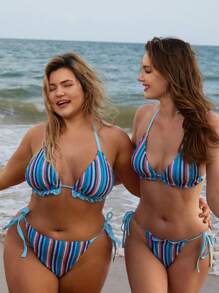 SHEIN Swim Curve Plus Size Color Blocked Striped Swimwear Set, String Bikini Bikini Set Bathing Suit Beach Outfit GRANDPACORE Summer Vacation Bestie Matching Set