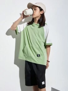 SHEIN Tween Boys' Casual Loose Fit Short Sleeve Knit T-Shirt With Color Block, Letter Patch And Hoodie - Multicolor - View 5