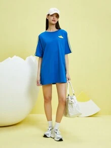 Gudetama X SHEIN 夏季卡通和字母圖形對比條紋側顛TEE連衣裙 - 寶藍色 - 查看 3