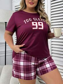 Plus Size Letter Print Short Sleeve Top And Checkered Shorts Pajama Set , Outfits