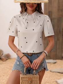 SHEIN Essnce In Trái tim Xếp li Áo sơ mi - Màu be - Xem 3