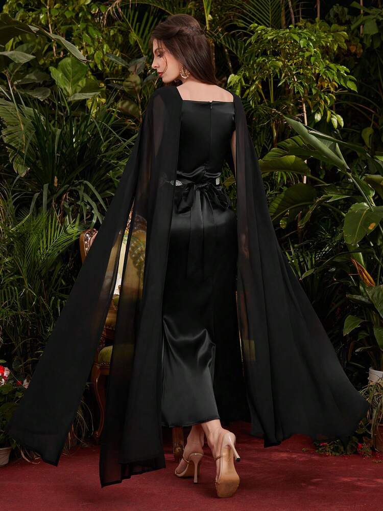 Embroidered Woven Belt Spliced Cape Sleeve Dress, Elegant Evening Party Dress Kaftan Jalabiya Dress