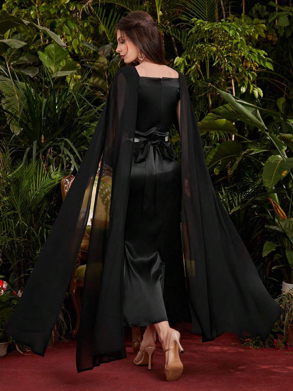 Embroidered Woven Belt Spliced Cape Sleeve Dress, Elegant Evening Party Dress Kaftan Jalabiya Dress