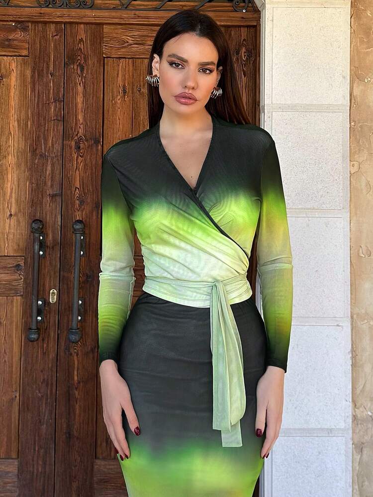 Casual Gradient Color Wrap Tie Waist Top