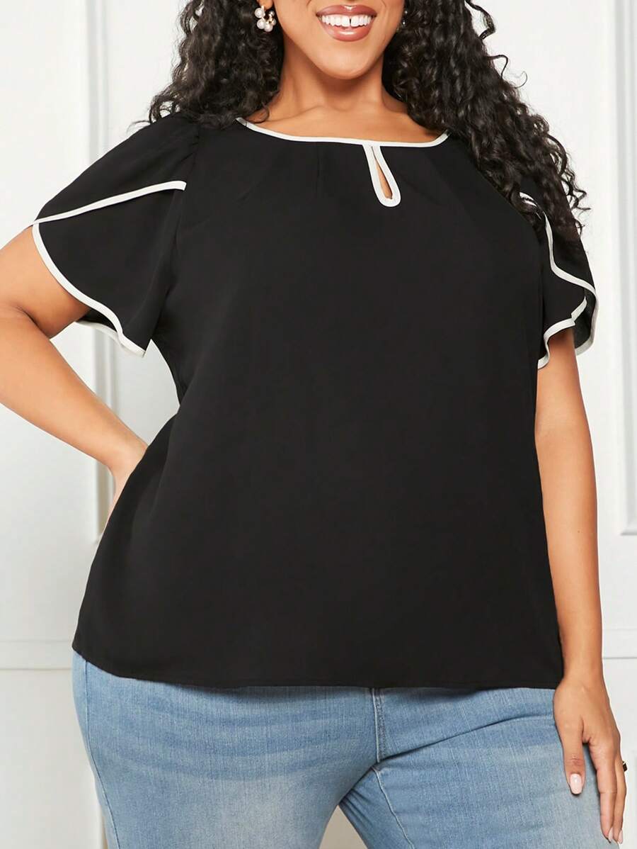 SHEIN CURVE+ Plus Size Spring Break Color Block Shirred Sleeve Keyhole ...
