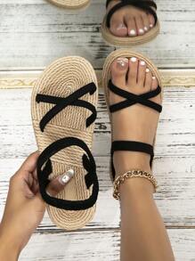 2024 Summer Women Flat Sandals Imitated Linen Rope Sole Ladies Beach Shoes