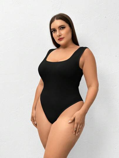 SHEIN Essnce Plus Size Women's New Summer Fashion Casual 2pcs/Set Plus Size Solid Color Tank Bodysuit