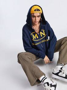 Streetz SHEIN Sport Women's Zipper Front Hooded Sports Jacket With Letter Printing - Royal Blue - View 5