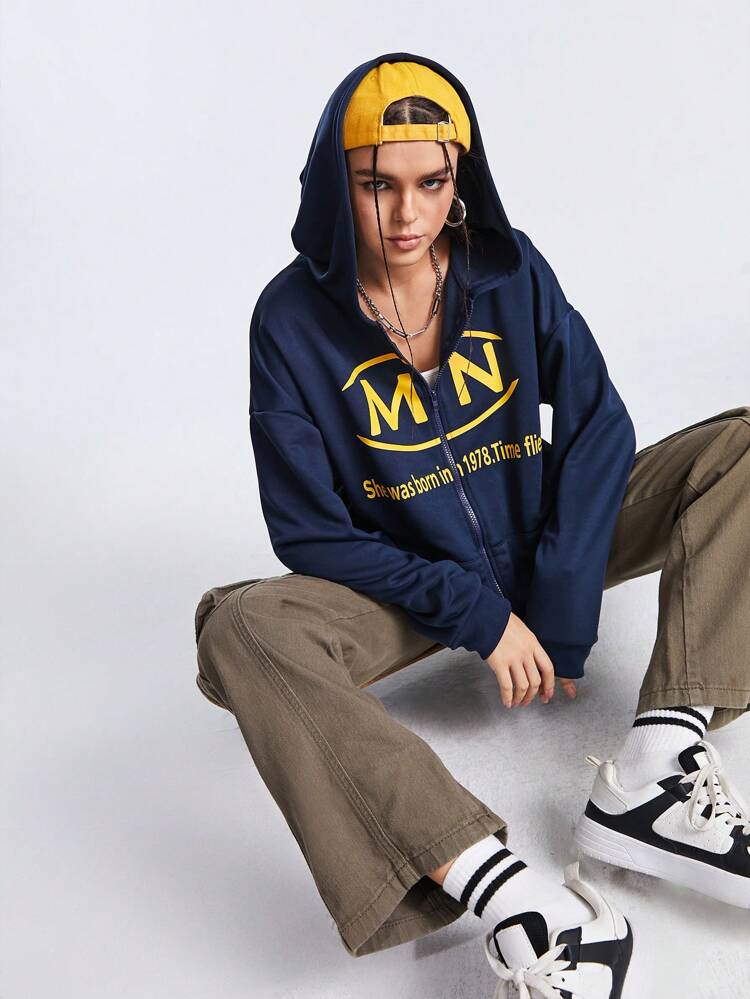 Women's Zipper Front Hooded Sports Jacket With Letter Printing