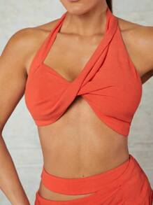 SHEIN BAE Orange Linen Fabric Cross Halter Neck, Cross-Tied Off-Shoulder Vest Top And Exposed Waist Asymmetric Gathered High Slit Long Skirt Summer Vacation Two-Piece Set For Women - Orange - View 5