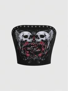 ROMWE Grunge Punk Quý cô Thon gọn Áo Bandeau  Với Tối Cô gái Goth hiện đại Sọ In Hoa hồng Và Trang trí kim loại - màu đen - Xem 1