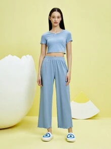 Gudetama X SHEIN Cartoon And Slogan Graphic Lettuce Trim PJ Set - Baby Blue - View 4