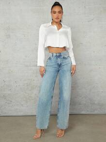 SHEIN BAE 女式纽扣长袖缎面衬衫、长袖上衣