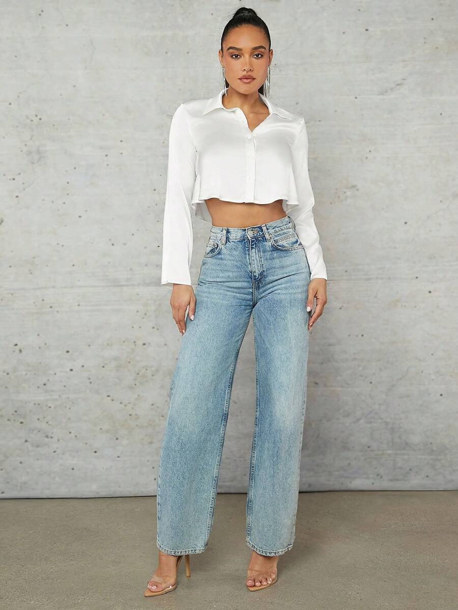 SHEIN BAE 女式纽扣长袖缎面衬衫、长袖上衣