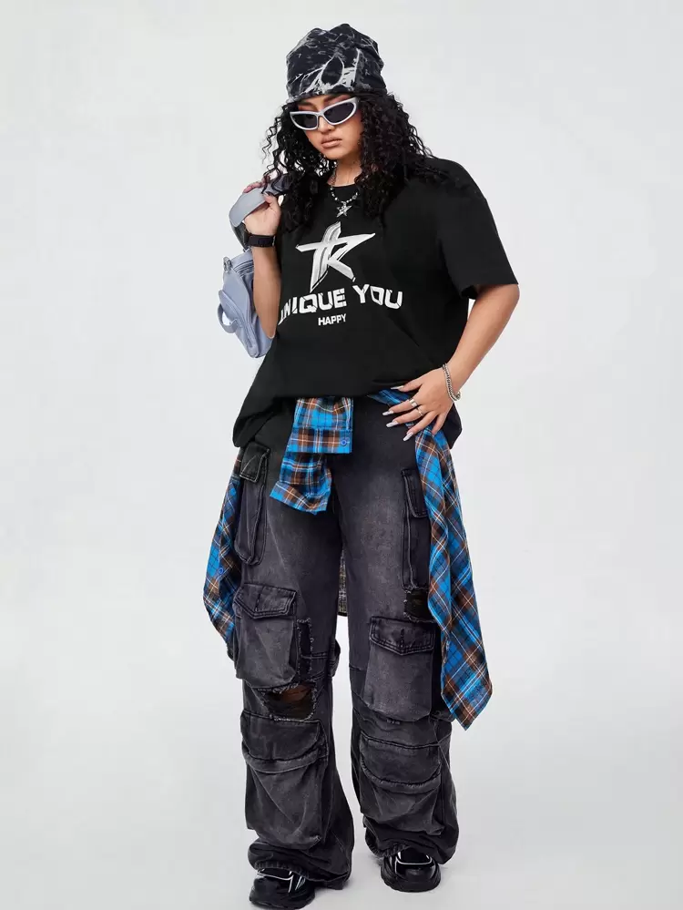 Plus Size Women's Loose Street Fashion Short Sleeve T-Shirt With Letter Print