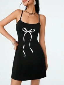 SHEIN Qutie 优雅休闲蝴蝶结印花吊带连衣裙 - 黑色 - 查看 2