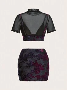SHEIN ICON 網布面板花紋短上衣和裙子套裝 - 黑色 - 查看 8