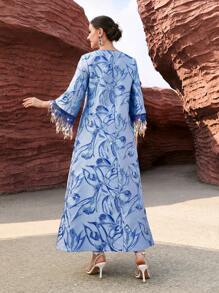 Layrah Blue Jacquard Glitter Trimmed Sleeves Arabic Long Kaftan Dress, Elegant Luxury Evening Party Style - Blue - View 3
