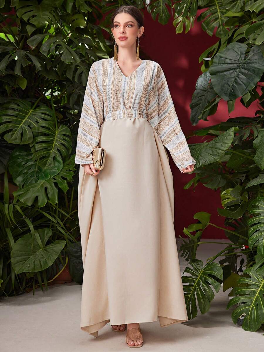 Al Najma In Hình học Cổ chữ V Eo Áo choàng Thổ Nhĩ Kỳ Với Vá lại Chi tiết - Màu be - Xem 1