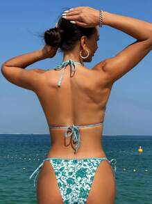 SHEIN Swim Summer Beach Ladies' Plant Printed Halter Neck Separates Bikini Set - Green - View 2