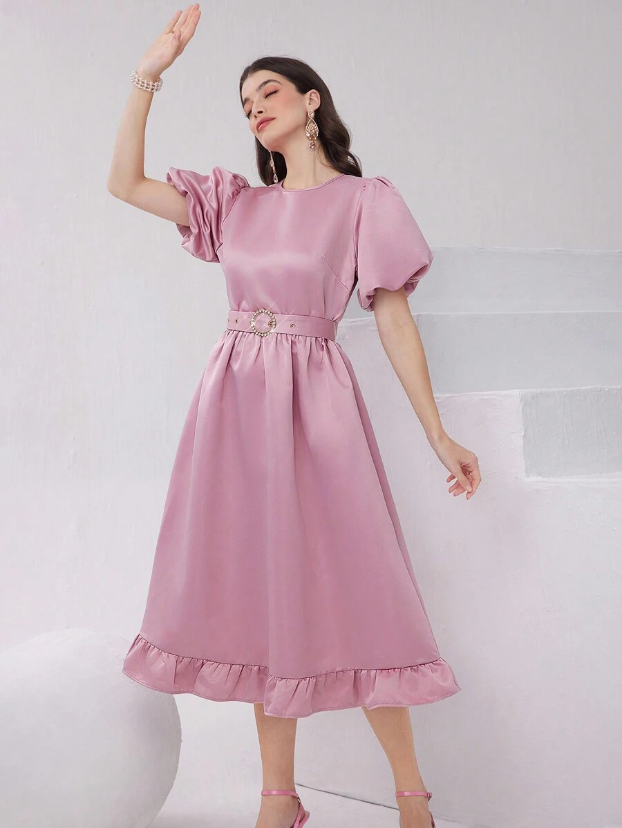 Modelyn Women's Round Neck Short Puff Sleeve Pink Dress With Ruffled Hem, For Spring, Summer - Pink - View 1