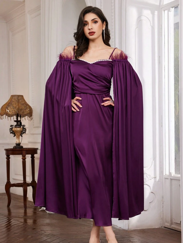 Furry Open Shoulder Cape Sleeve Cami Dress