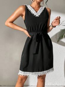 SHEIN LUNE Patchwork Lace Up Bandage Backless Dress - Black - View 1