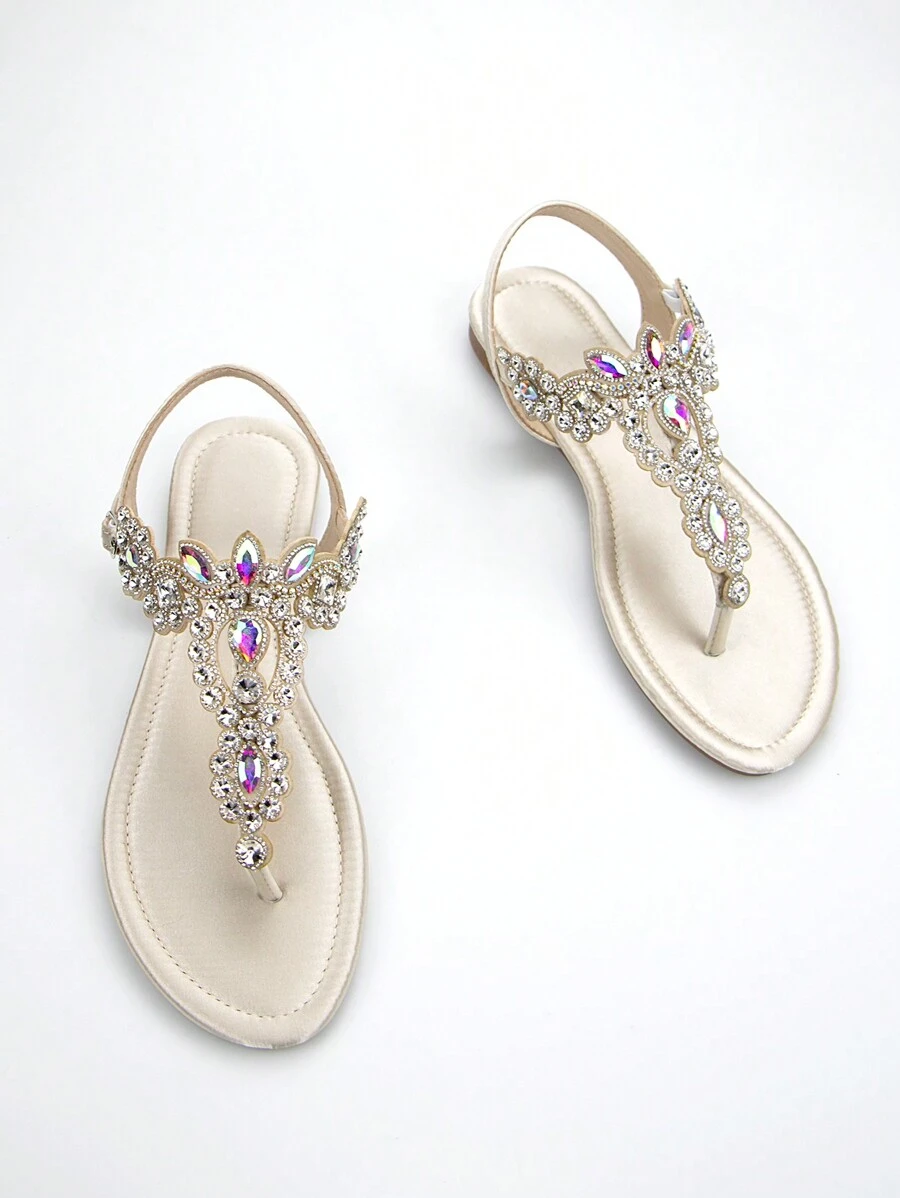Women's Stylish Rhinestone Decor Metallic Satin Fabric Ankle Strap Comfortable Flat Sandals In Gold Color,Flip Flops,Spring Summer Outfits