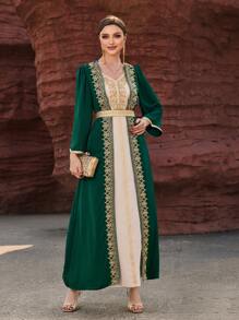 Al Najma Dark Green & Apricot Colorblock Heavy Work 2 In 1 Kaftan Modest Long Sleeve Arabian Dress - Multicolor - View 4