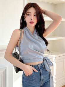 DAZY Áo kiểu không tay màu trơn, kiểu vạt chéo phía trước, áo tank top không tay, áo crop top nữ, áo đi chơi, trang phục đi du lịch cho nữ. - Màu xanh nhạt - Xem 3