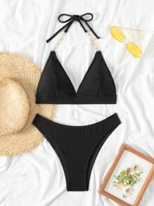 SHEIN Swim Summer Beach Women's Halter Chain Decoration Bikini Set - Black - View 3