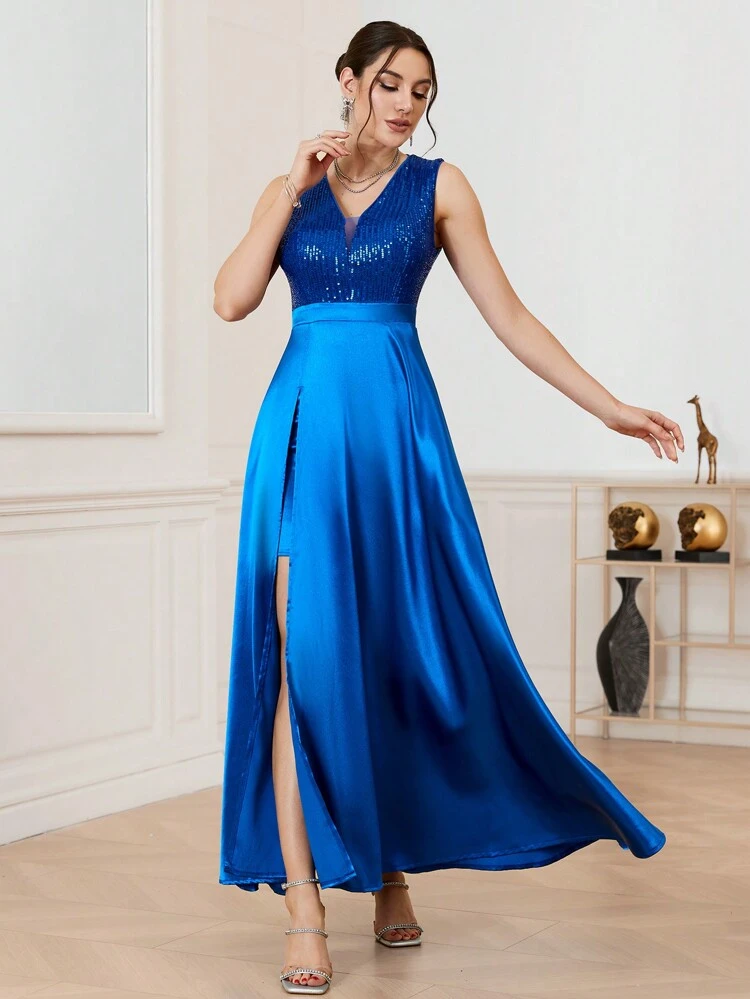 Elegant & Fancy Sparkly Sequin Patchwork Slit Heavy Duty Evening Prom Dress Formal Dresses For Women, Semi Formal Dress