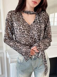 DAZY 女式豹纹喇叭袖上衣，荷叶边长袖女式上衣 - 棕色 - 查看 3