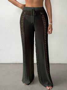 SHEIN Swim 女士着空心蕾絲收緊腰格紋褲子 - 黑色 - 查看 4