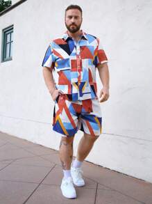 Manfinity Homme Men's Plus Size Geometric Printed Shirt With Button Front And Shorts Set - Multicolor - View 1