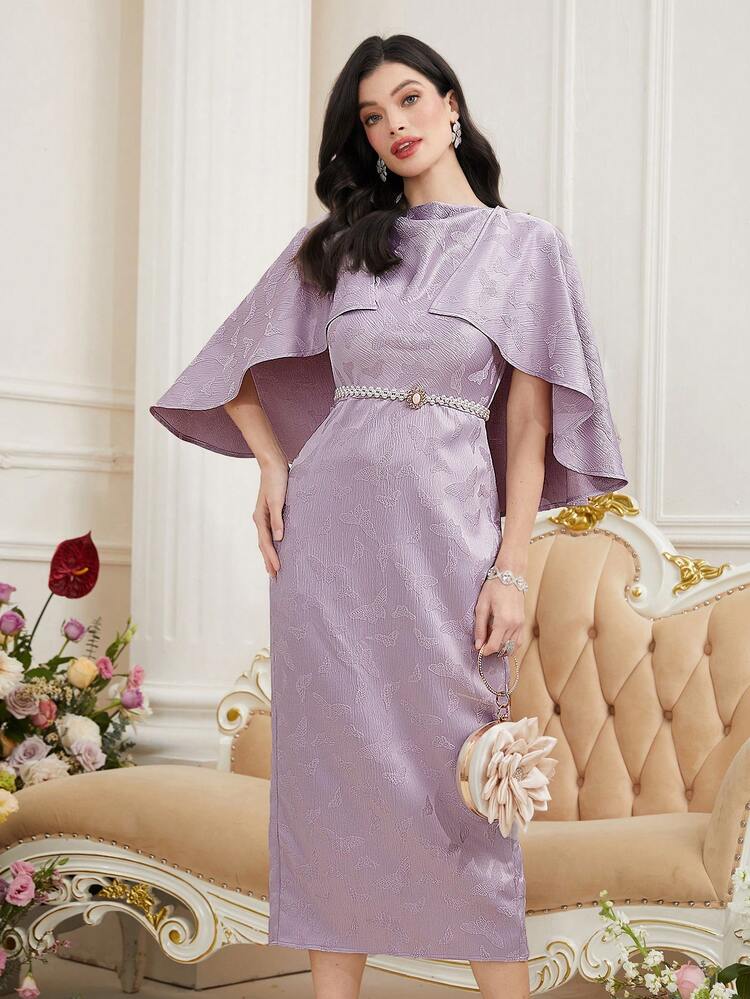 Women's Solid Color Jacquard Cape Dress Long Evening Dresses