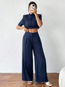 SHEIN Essnce 女性立領短上衣和寬腿褲裝兩件套,辦公室服裝 - 霧霾藍 - 查看 4