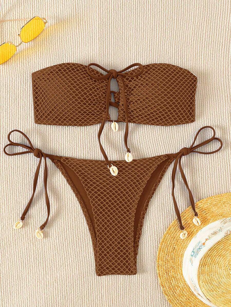 SHEIN Swim Bộ đồ tắm có họa tiết trơn dành cho nữ đi biển mùa hè & Bộ bikini đáy bơi - Cà phê nâu - Xem 1