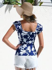 SHEIN VCAY Women's Vacation Plant Print Square Neck T-Shirt