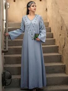 Al Najma Diamond Decorated Bell Sleeve Dress Kaftan Jalabiya Dress - Baby Blue - View 4