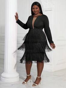 大码女式奢华性感透明流苏圣诞连衣裙，长袖 - 黑色 - 查看 6