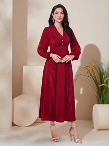 Modelyn 勃艮第红女士 V 领灯笼袖褶皱阿拉伯连衣裙 - 酒紅色 - 查看 4