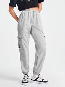 SHEIN Sports Women's Workwear Style Pocketed Sports Pants - Grey - View 3