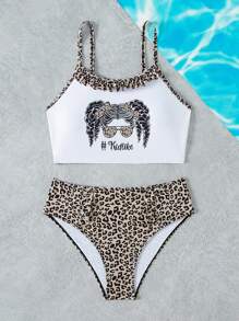 Teen Girls' Leopard Print & Character Print Splice Cami Triangle Bikini Set - Multicolor - View 3